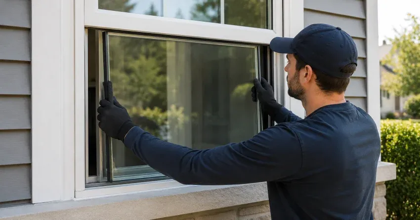 technician boarding up broken window during emergency glass repair Ajax