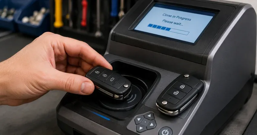 mobile locksmith performing car door key duplication Ajax on-site