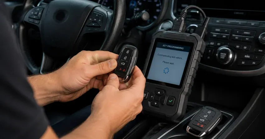 technician inspecting a worn car key before replacement in Ajax