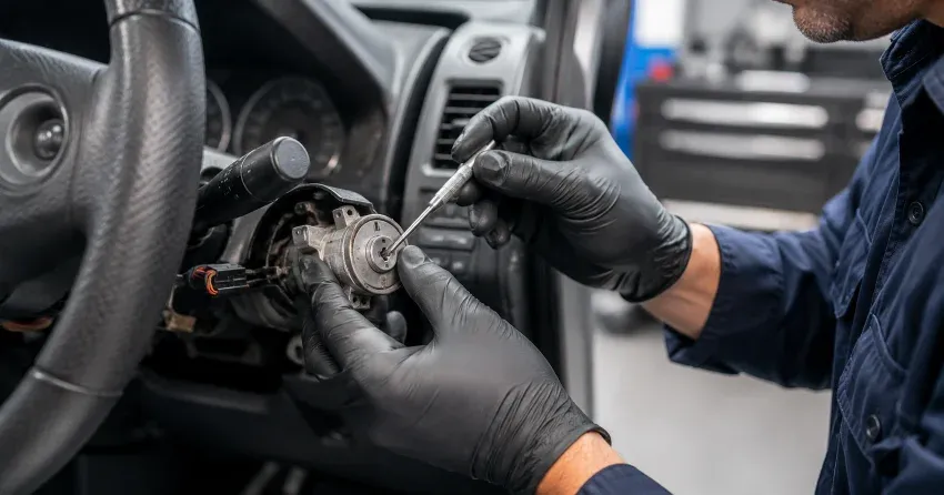 technician diagnosing an ignition lock repair issue in Ajax