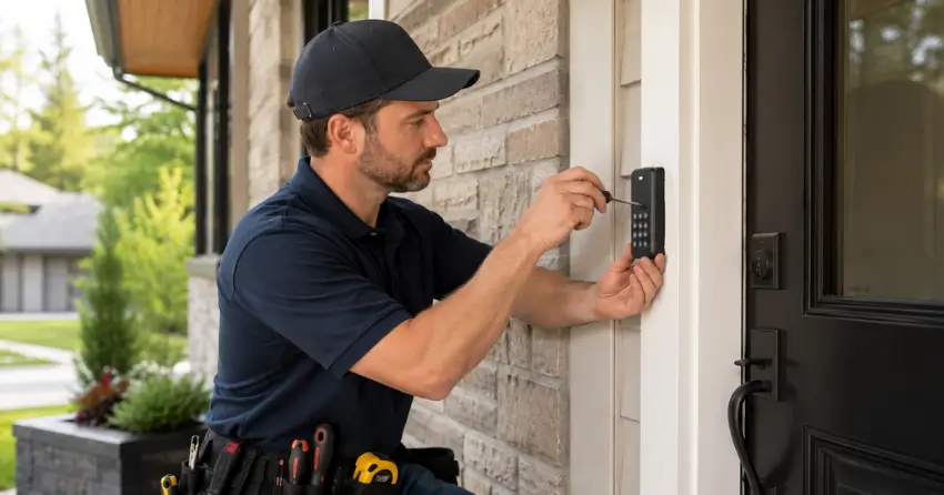 Technician installing an access control system keypad beside a residential front door in Ajax