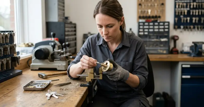 locksmith technician rekeying a deadbolt in Ajax