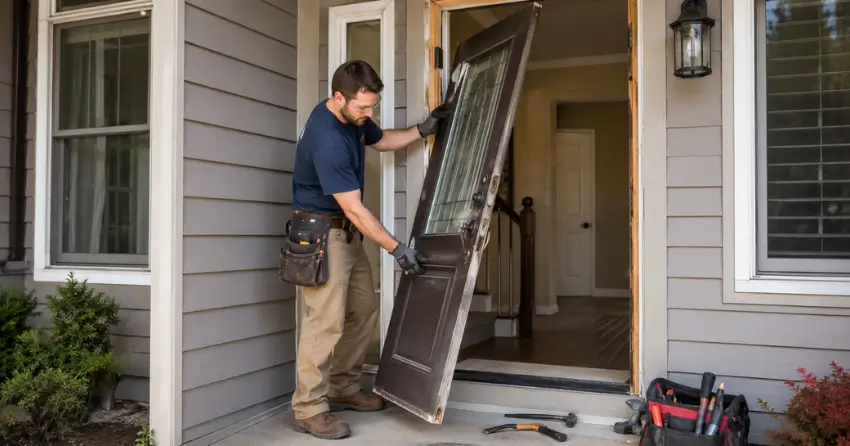 old exterior door being removed for replacement in Ajax