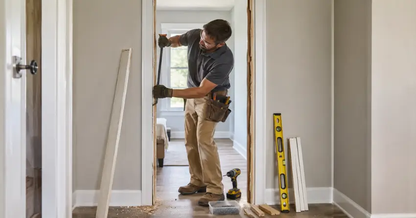technician removing an old interior door frame during installation Ajax