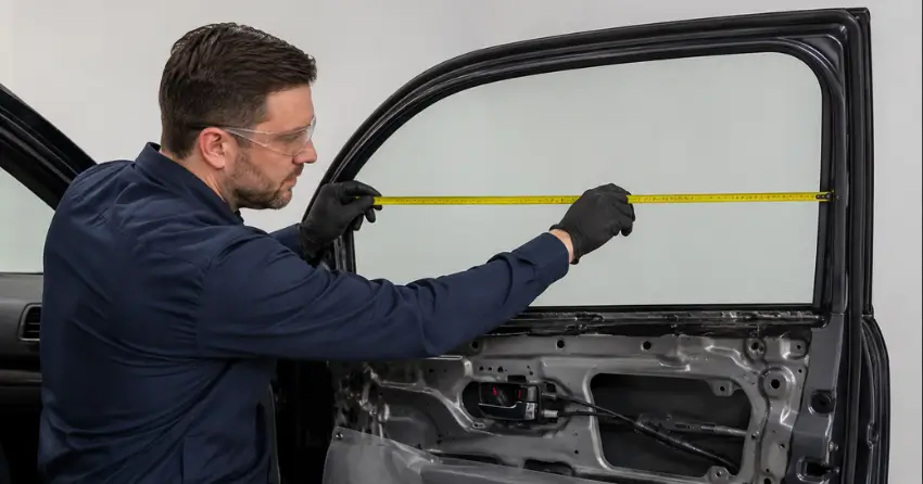 technician measuring door glass opening for replacement in Ajax