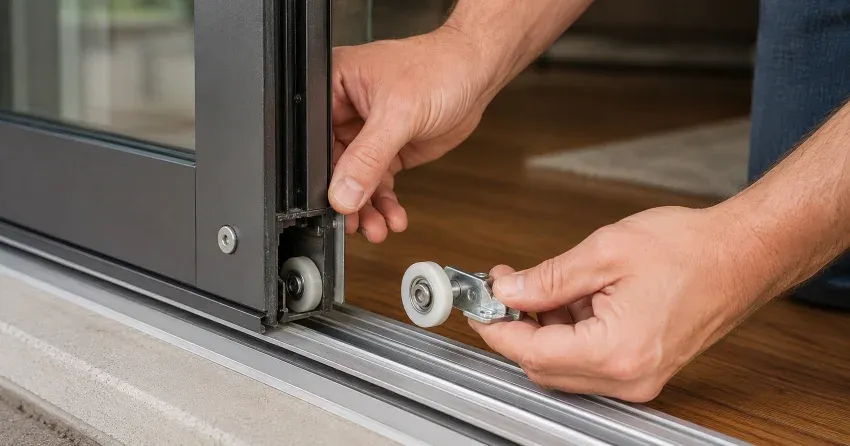 sliding door alignment Ajax technician adjusting roller track