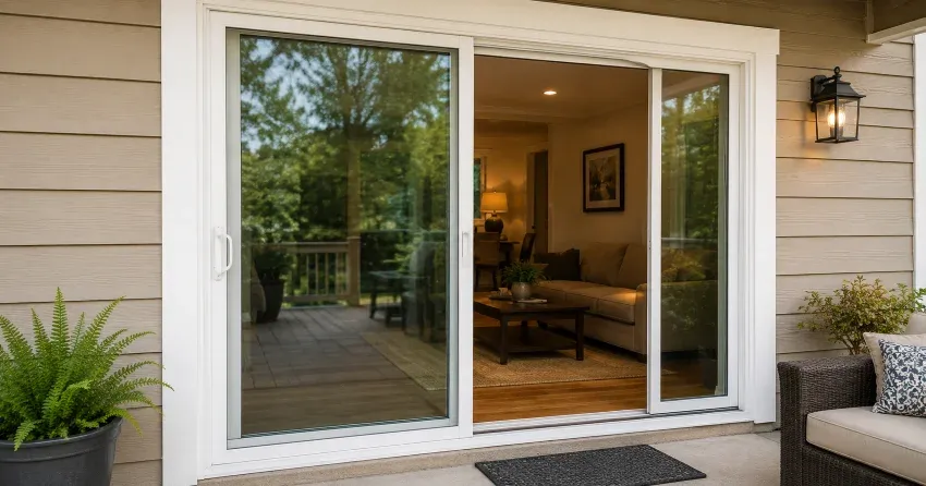 Patio Door Installation technician setting a new frame in Ajax