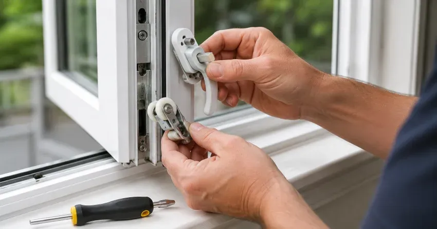 technician performing broken window repair Ajax on a sliding window