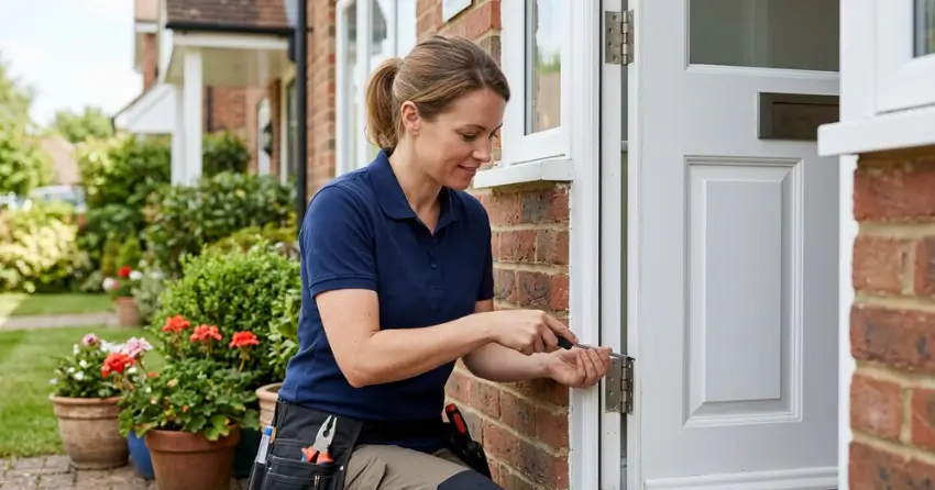 technician repairing exterior door hinge and frame in Ajax