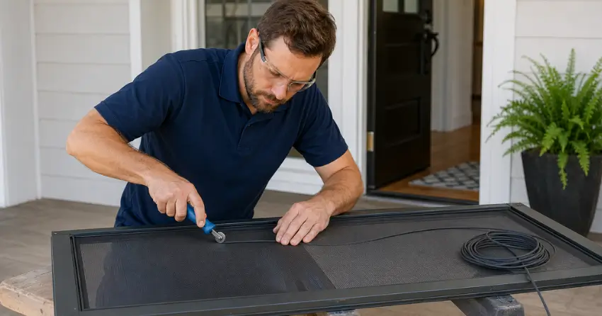 technician replacing screen door mesh and spline in Ajax